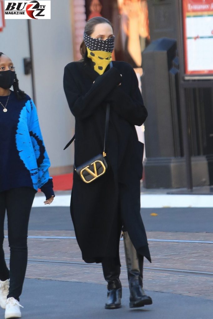 Angelina Swaps a Face Mask for a Silk Scarf in Los Angeles