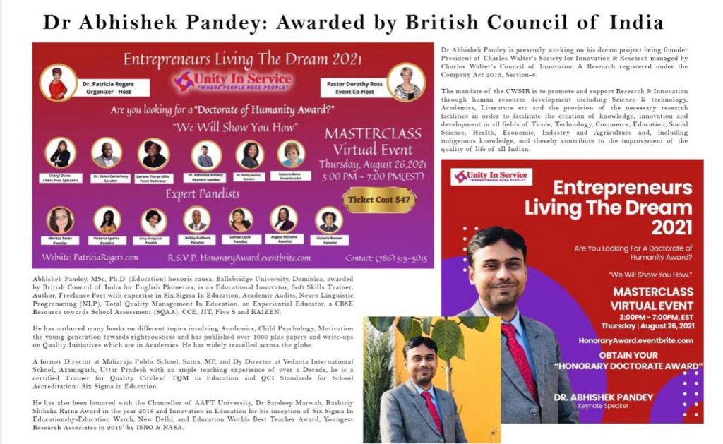 Dr Abhishek Pandy :Awarded By BRITISH Council Of India