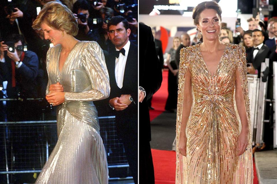 Kate Middleton's Metallic Gown Emulates Princess Diana's Own James Bond Red Carpet Moment from 1985